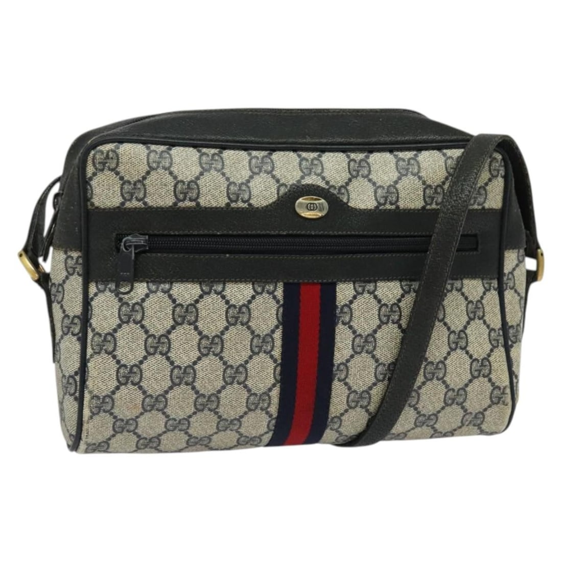 GUCCI GG Supreme Sherry Line Shoulder Bag PVC Navy Gold Authentic 98 02 005: GUCCI GG Supreme Sherry Line Shoulder Bag PVC Navy Gold Authentic 98 02 005 Introducing the GUCCI GG Supreme Sherry Line Shoulder Bag, a luxurious blend of style and functionality. Crafted in Italy, t