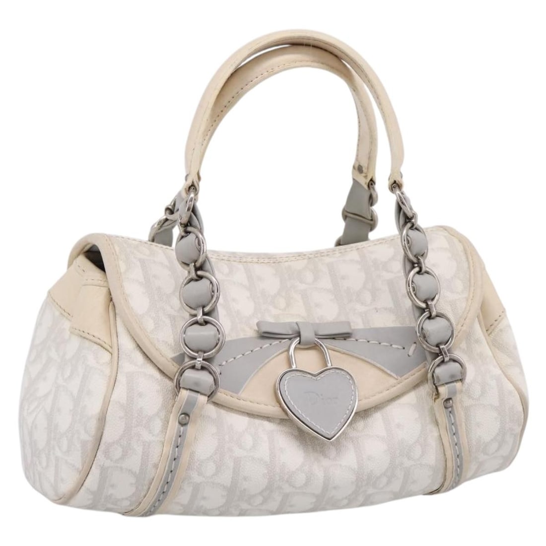 Christian Dior Romantic Trotter Hand Bag White Silver PVC Canvas: Christian Dior Romantic Trotter Hand Bag White Silver PVC Canvas Christian Dior Trotter canvas handbag in white and silver with PVC leather construction and a handle drop for hand carry. This women's 