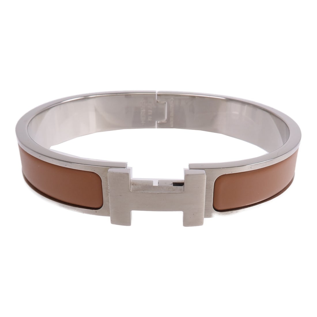 Hermes Clic HH Enamel Bracelet Brown Silver Tone: Hermes Clic HH Enamel Bracelet Brown Silver Tone Hermes Clic HH bracelet in brown and silver tones, made with enamel and metal. It is a women's regular-size bracelet from France and comes with storage