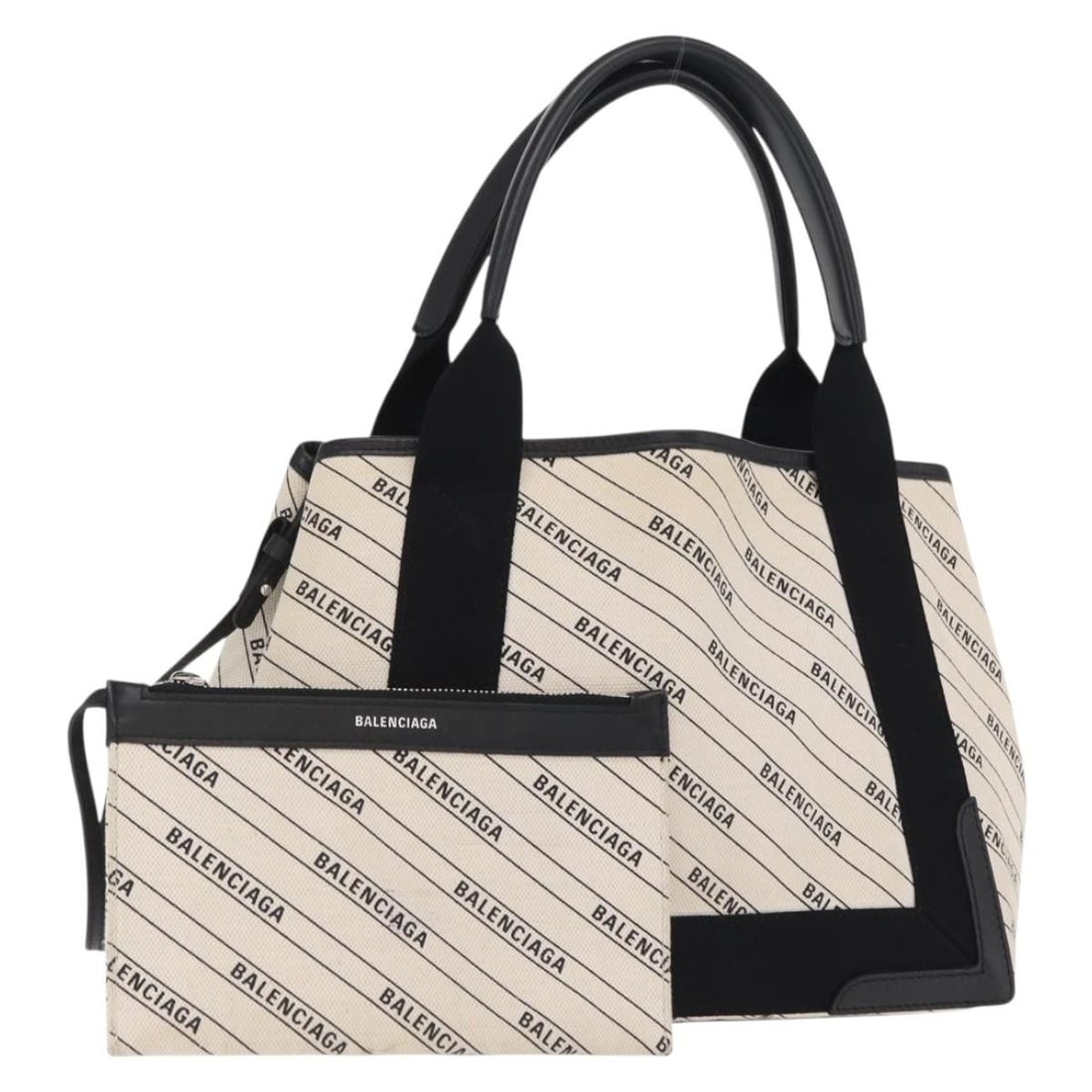 Canvas White and Black Handbag with Pouch by Balenciaga 339933: Canvas White and Black Handbag with Pouch by Balenciaga 339933 This Balenciaga handbag is crafted from white and black canvas and is designed for women. It features a spacious interior and comes with 