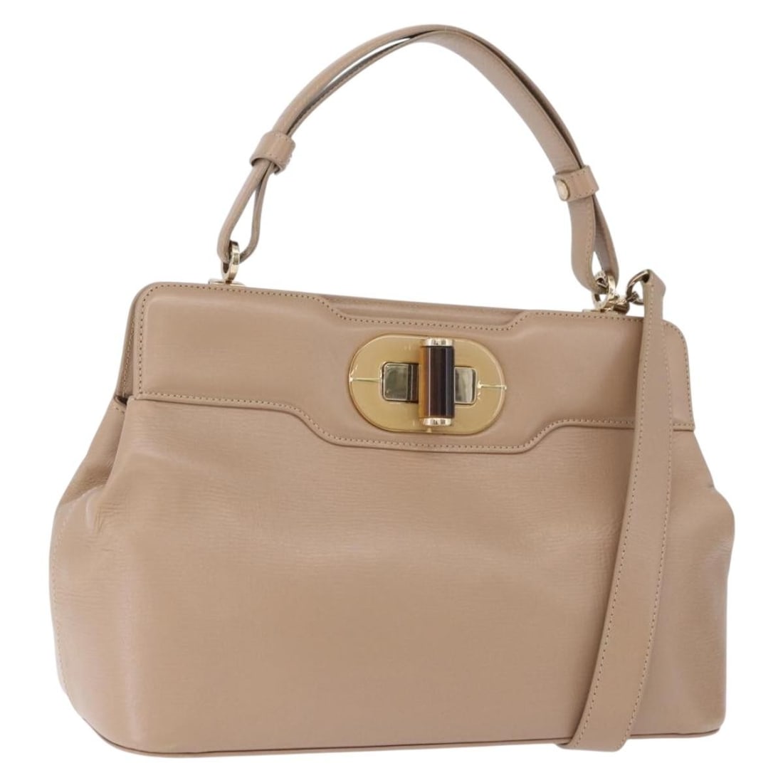 BVLGARI Beige Leather 2 Way Handbag with Shoulder Strap Dust Bag: BVLGARI Beige Leather 2 Way Handbag with Shoulder Strap Dust Bag Authentic BVLGARI 2-way handbag in beige leather with gold-tone accents. This women's bag includes a dust bag and shoulder strap, and c