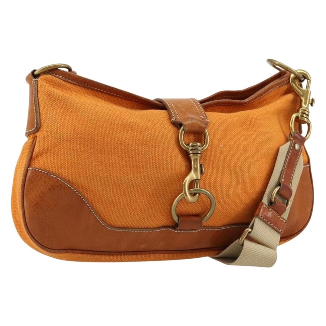 Miu Miu Orange Gold Canvas Shoulder Bag Italy: Miu Miu Orange Gold Canvas Shoulder Bag Italy This Miu Miu shoulder bag is crafted from canvas in a striking orange and gold color combination. Designed for women, it features a practical size with an