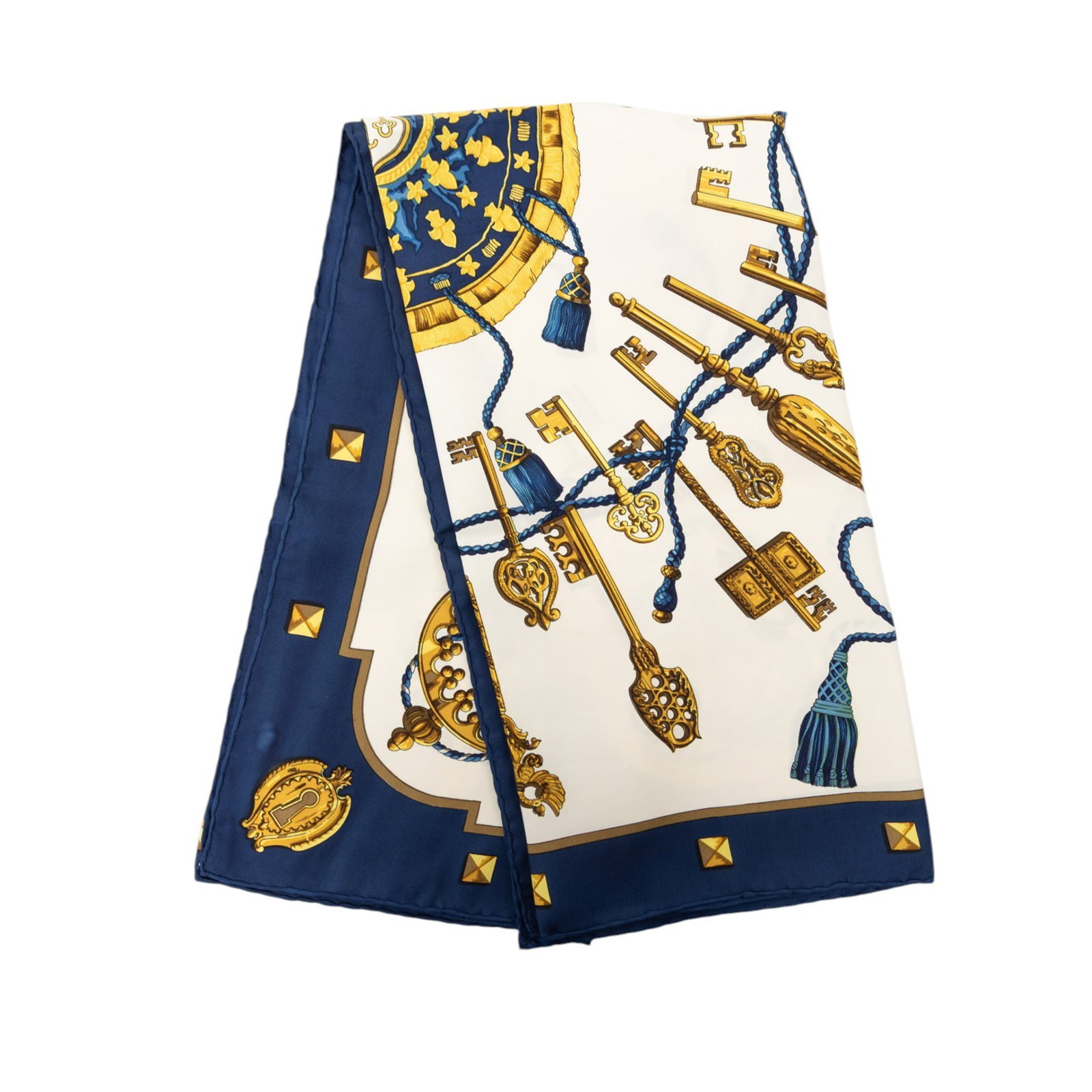 Hermes Les Cles 90 Silk Scarf White: Hermes Les Cles 90 Silk Scarf White Hermes Les Cles Silk Scarf 90 in white, featuring the Les Cles print on silk. Made in France. Condition is AB with noted exterior front cut stitching and staining. 