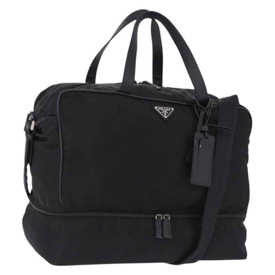 PRADA 2way Nylon Boston Bag Black Silver with Strap: PRADA 2way Nylon Boston Bag Black Silver with Strap Prada 2-way Boston bag in black nylon with silver-tone accents, made in Italy. This women's bag includes a padlock, two keys, clochette, name tag, a