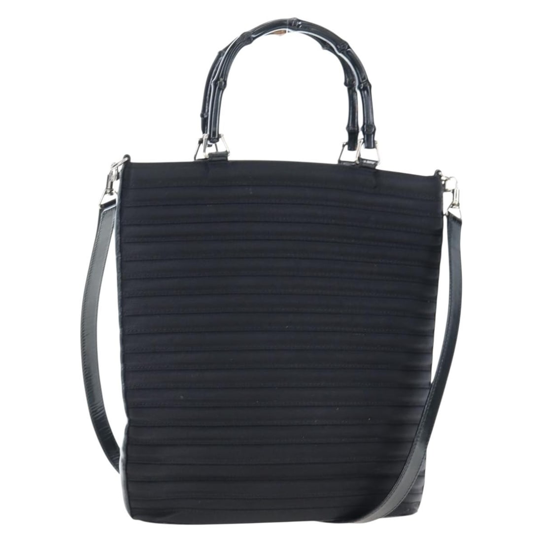 GUCCI Bamboo 2way Canvas Hand Bag Black Silver Shoulder Strap: GUCCI Bamboo 2way Canvas Hand Bag Black Silver Shoulder Strap Gucci bamboo 2-way handbag in black canvas with silver-tone accents. This women's handbag is made in Italy and includes a shoulder strap f