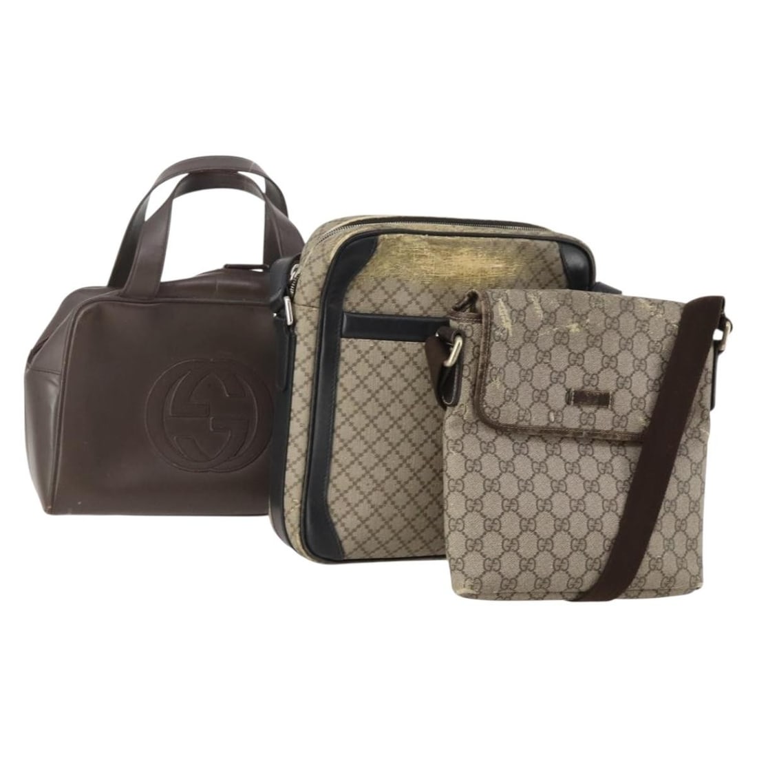 Gucci beige brown GG Supreme PVC leather shoulder bag 3-piece set: Gucci beige brown GG Supreme PVC leather shoulder bag 3-piece set Authentic Gucci GG Supreme shoulder bag 3-piece set in beige and brown PVC leather with GG canvas. Made in Italy for women. This heavi