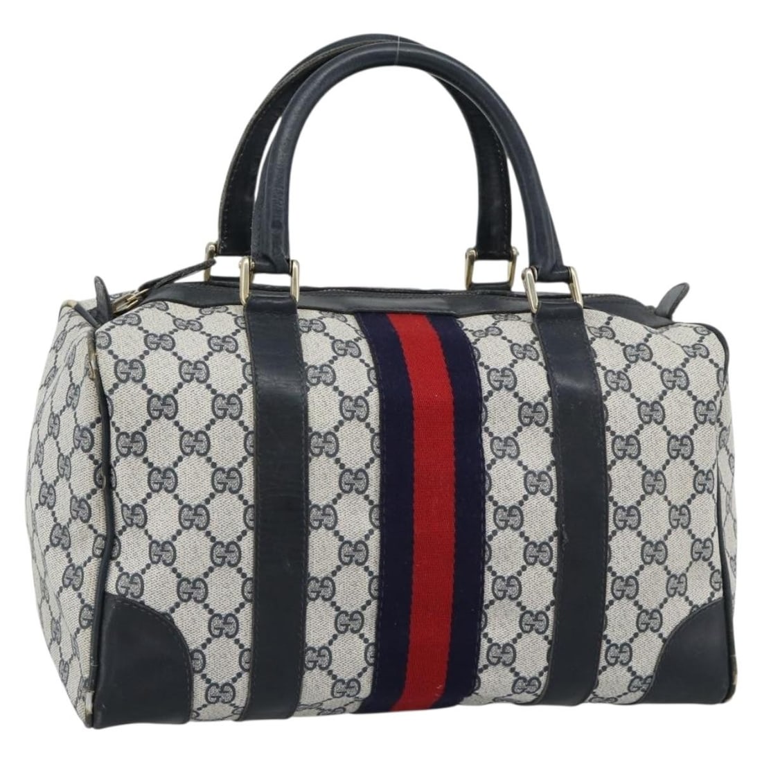 Gucci Boston Bag GG Canvas Navy Gold Sherry Line 190835: Gucci Boston Bag GG Canvas Navy Gold Sherry Line 190835 Authentic Gucci GG Supreme Sherry Line Boston bag in navy and gold GG canvas. This women's handbag is made in Italy and features a structured Bo