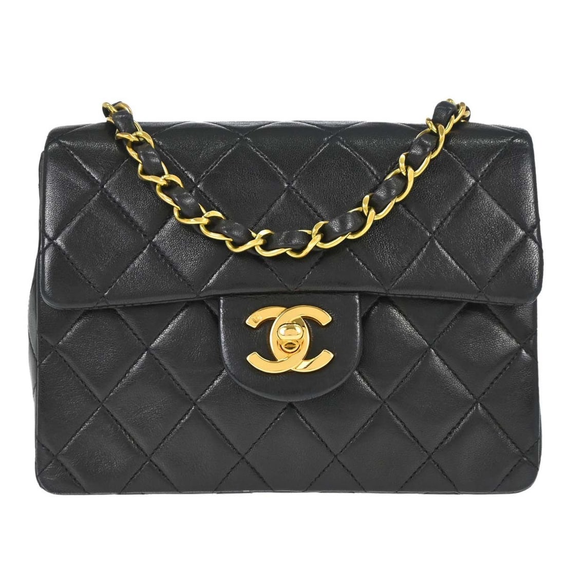 CHANEL Classic Flap Mini Square Lambskin Shoulder Bag Black: CHANEL Classic Flap Mini Square Lambskin Shoulder Bag Black Chanel Classic Flap Mini Square shoulder bag in black lambskin leather with matelasse quilting and a flap turnlock closure. This small shoul