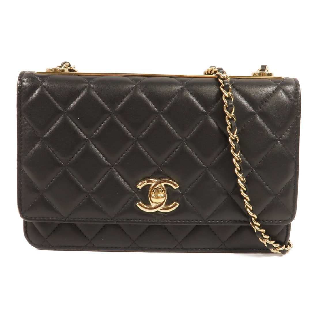 CHANEL Trendy Wallet On Chain Shoulder Bag Black Lambskin GHW: CHANEL Trendy Wallet On Chain Shoulder Bag Black Lambskin GHW CHANEL Trendy Wallet On Chain shoulder bag in black lambskin leather with CC GHW styling. This women's shoulder bag features a turn-lock c