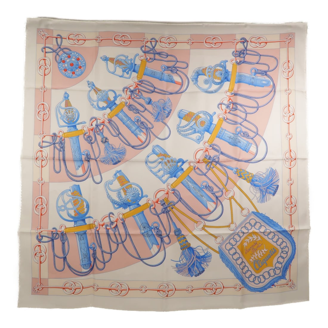 HERMES Women Silk Scarf 90 X 90 cm White Blue France: HERMES Women Silk Scarf 90 X 90 cm White Blue France Hermes women's silk scarf in a white and blue colorway. This regular-size scarf is made in France and comes with no accessories. Condition is AB: V