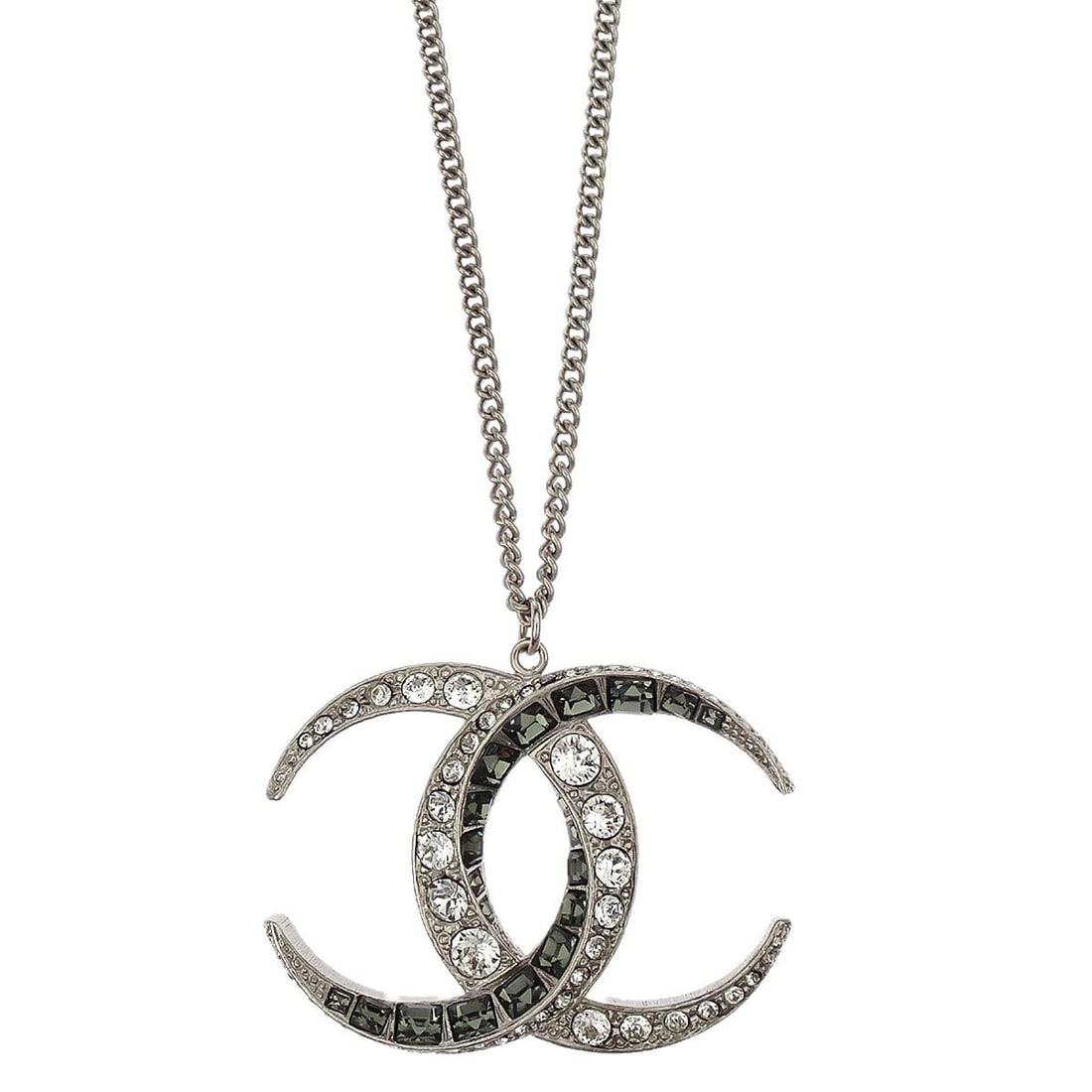 Chanel B15C CC Logo Pendant Necklace Silver Plated Rhinestone: Chanel B15C CC Logo Pendant Necklace Silver Plated Rhinestone Chanel chain pendant necklace featuring the CC logo charm in silver plated metal with rhinestone accents. Made in Italy, this pendant-styl
