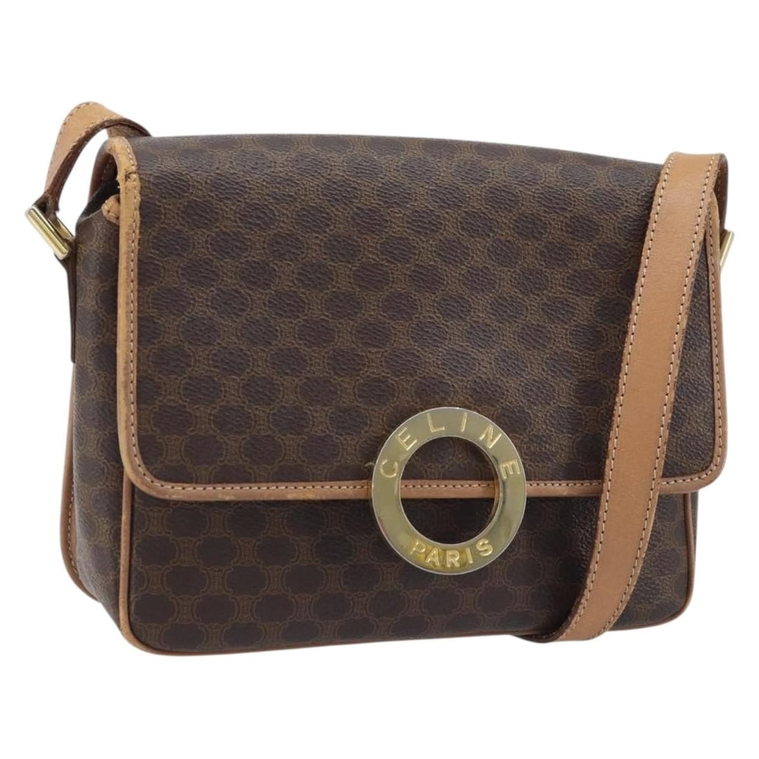 CELINE Macadam Circle Shoulder Bag Brown PVC Leather Gold Tone: CELINE Macadam Circle Shoulder Bag Brown PVC Leather Gold Tone Celine Macadam canvas circle shoulder bag crafted in PVC leather with a brown and gold colorway. Made in Italy, this women's shoulder bag