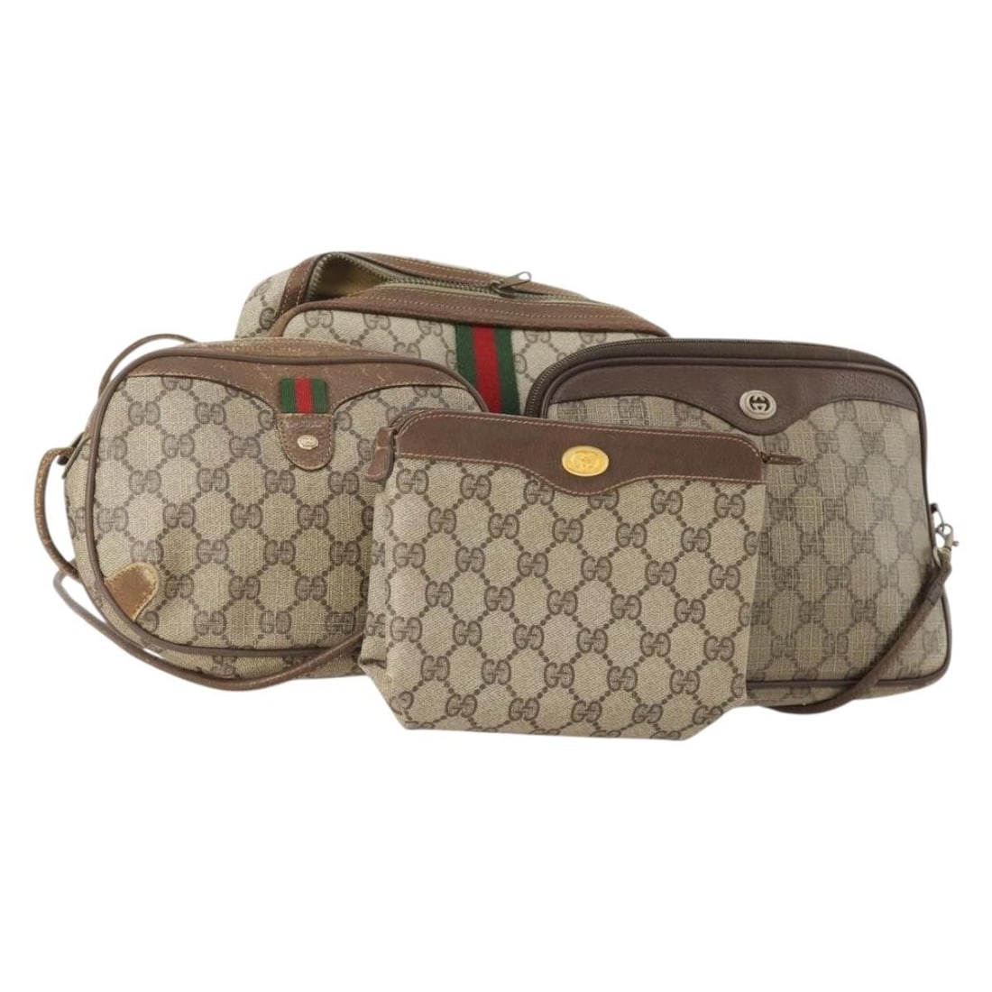 4 Piece Gucci Sherry Line GG Supreme PVC Shoulder Bag Set: 4 Piece Gucci Sherry Line GG Supreme PVC Shoulder Bag Set Gucci GG Supreme Web Sherry Line shoulder bag set in beige and gold PVC leather with GG canvas. Made in Italy for women, this heavily used set