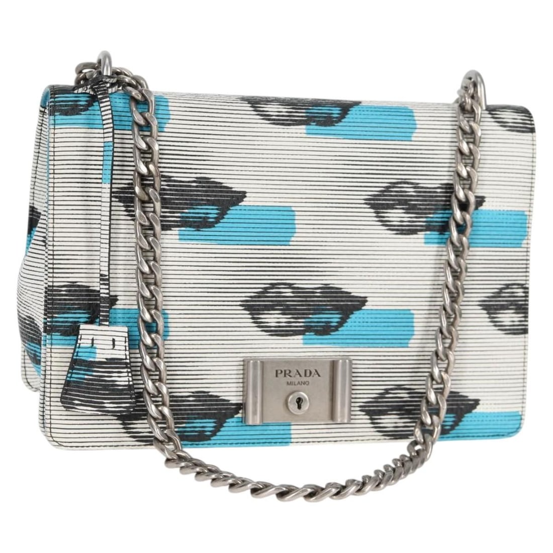 PRADA leather shoulder bag blue with silver chain and key clochette: PRADA leather shoulder bag blue with silver chain and key clochette Prada chain shoulder bag in leather with a blue and silver exterior. Made in Italy, this women's shoulder bag measures approximately