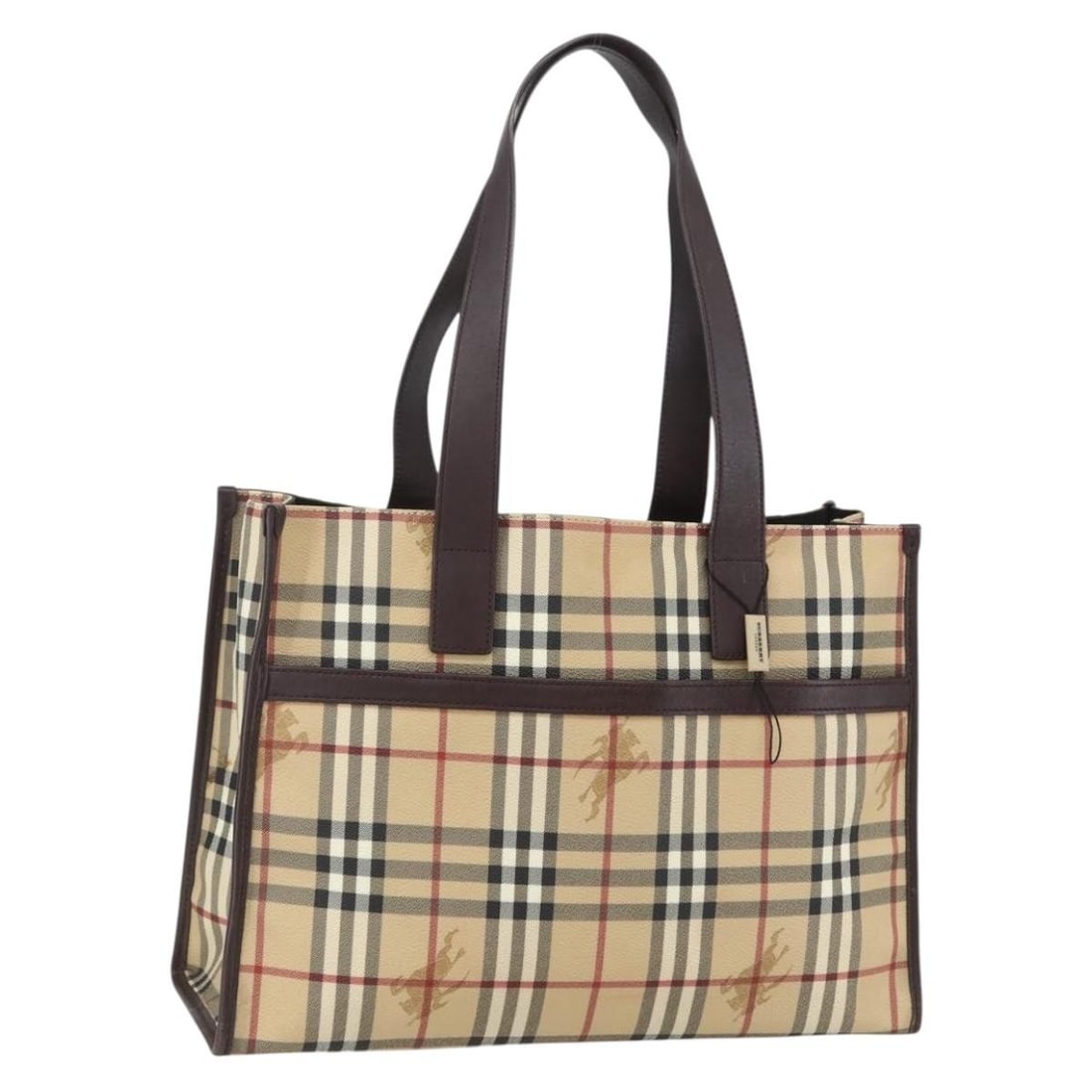 Beige PVC Nova Check Tote by Burberry: Beige PVC Nova Check Tote by Burberry This is a Burberry Nova Check tote bag in beige, crafted from durable PVC leather. The bag features a spacious interior with the iconic Nova Check pattern, dual h