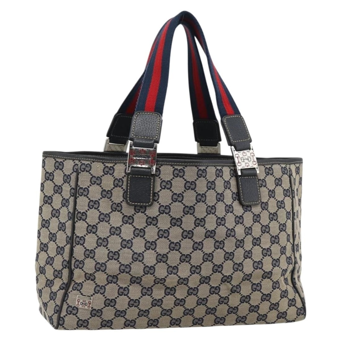 Gucci 145758 Sherry Line GG Canvas Tote Navy Silver: Gucci 145758 Sherry Line GG Canvas Tote Navy Silver Authentic Gucci Sherry Line tote bag in navy GG canvas with silver-tone accents. This women's tote was made in Italy and is offered without the orig