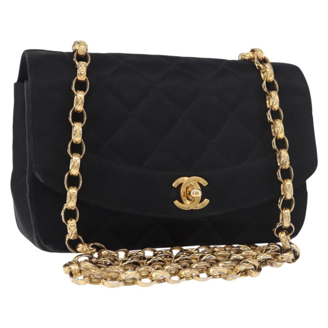 CHANEL Matelasse Satin Shoulder Bag Black Gold CC: CHANEL Matelasse Satin Shoulder Bag Black Gold CC Chanel Matelasse chain shoulder bag in black satin with gold-tone CC detailing. Made in France, this women's shoulder bag has a compact silhouette and