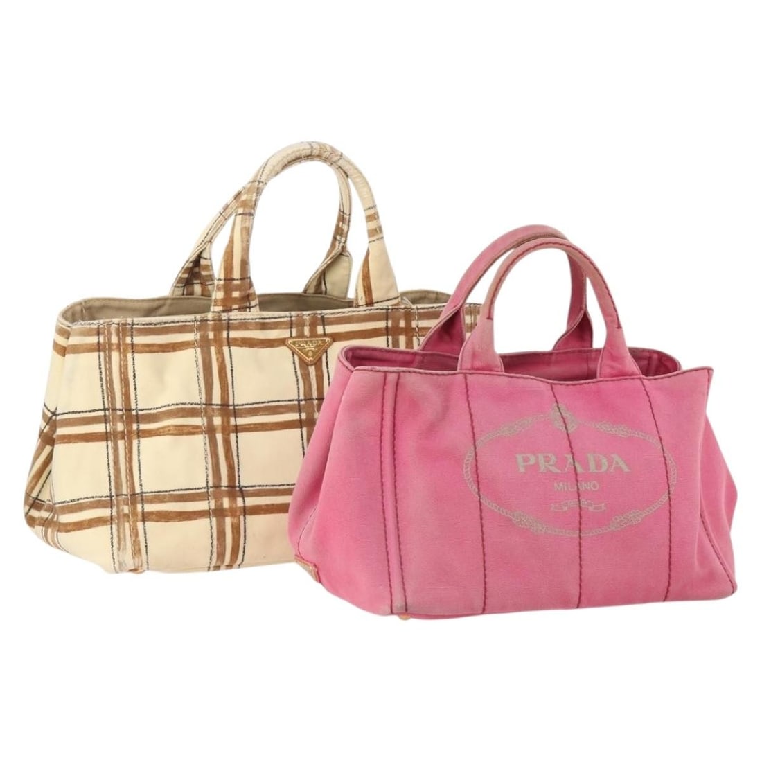 Prada pink beige canvas handbag set with guarantee card: Prada pink beige canvas handbag set with guarantee card This PRADA Canapa handbag set includes two canvas bags in a pink and beige color combination. Designed for women, both bags are crafted from can