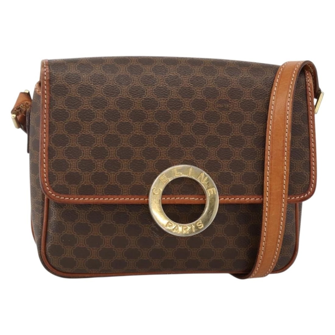 CELINE Macadam Canvas Brown Gold Shoulder Bag Italy: CELINE Macadam Canvas Brown Gold Shoulder Bag Italy This CELINE Macadam Circle shoulder bag features a classic brown and gold color scheme in durable PVC leather and Macadam canvas. Designed for women