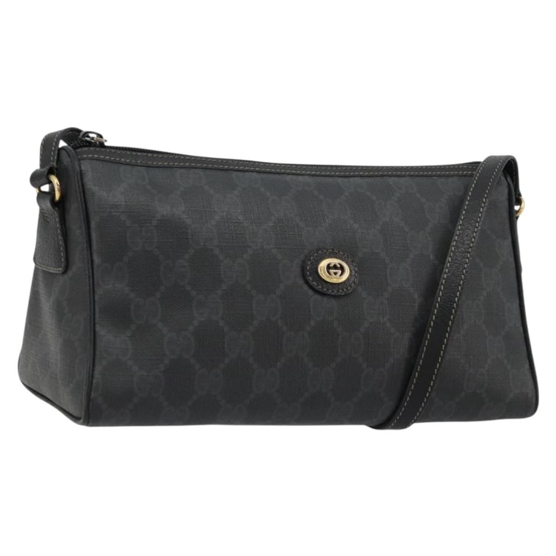 Gucci GG Supreme black gold shoulder bag PVC leather Italy: Gucci GG Supreme black gold shoulder bag PVC leather Italy This Gucci GG Supreme shoulder bag features a black and gold design crafted from PVC leather and GG canvas. Made in Italy, it offers a