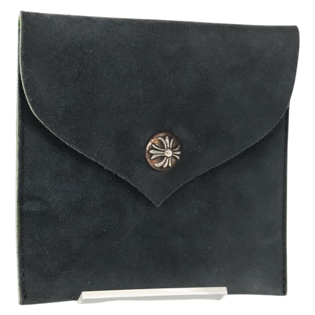 Gray Suede Pouch by Chrome Hearts: Gray Suede Pouch by Chrome Hearts Authentic Chrome Hearts gray suede pouch for women. This compact pouch shows heavy signs of use, including loss of shape, rubbing, stains, scratches to the metal
