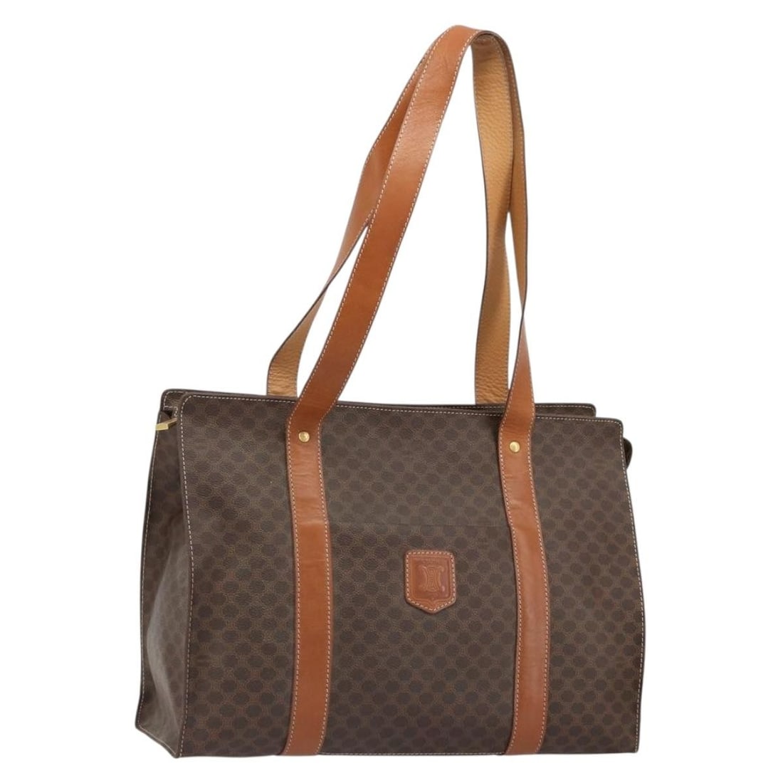 CELINE Macadam Canvas PVC Leather Tote Handbag Brown Gold: CELINE Macadam Canvas PVC Leather Tote Handbag Brown Gold Celine Macadam canvas tote bag in brown with gold-tone accents, crafted from PVC leather and made in Italy. This women's tote features a