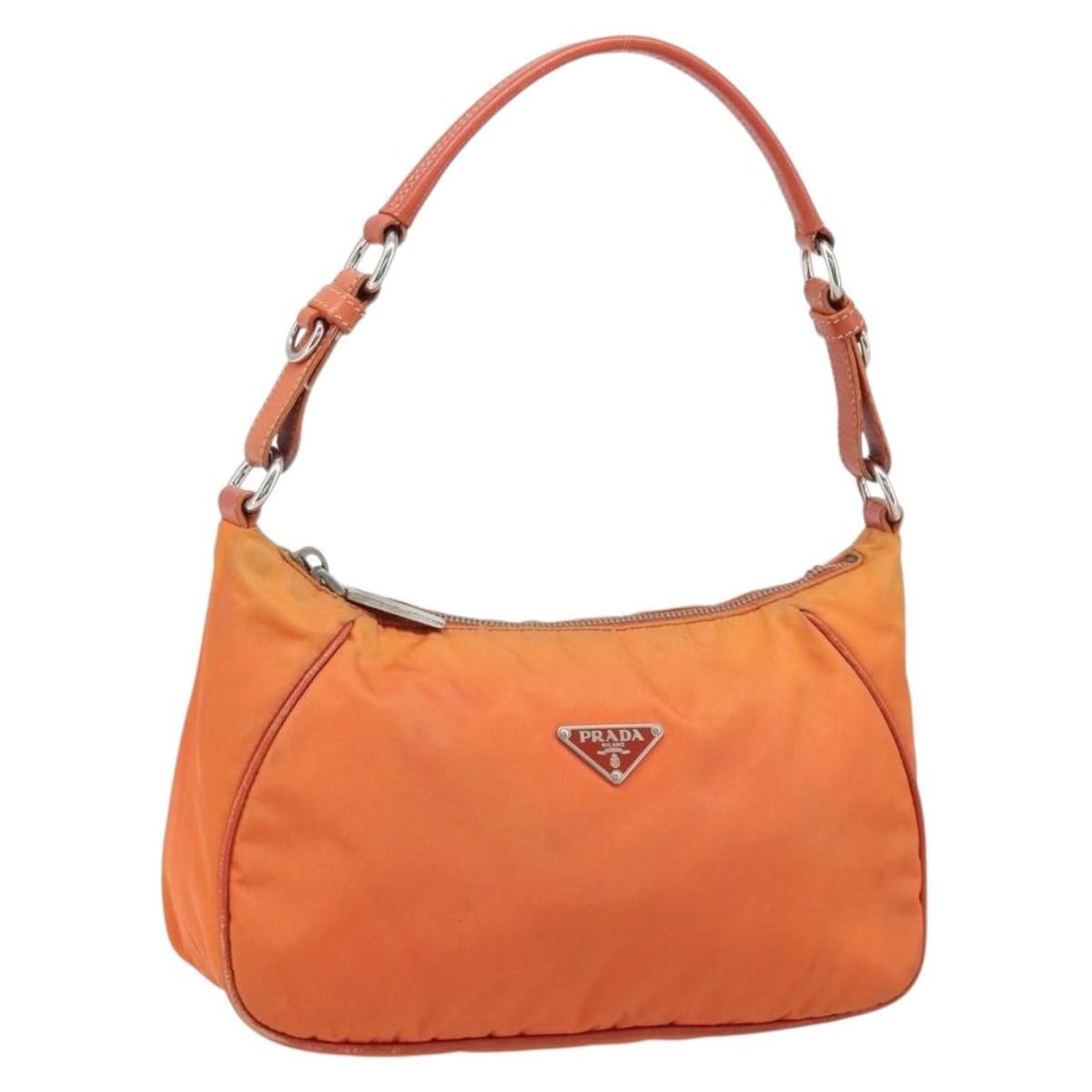 Prada Orange Nylon Shoulder Purse with Silver Details and Guarantee Card: Prada Orange Nylon Shoulder Purse with Silver Details and Guarantee Card This PRADA shoulder bag features a vibrant orange nylon exterior complemented by silver-tone accents. Designed for women, it