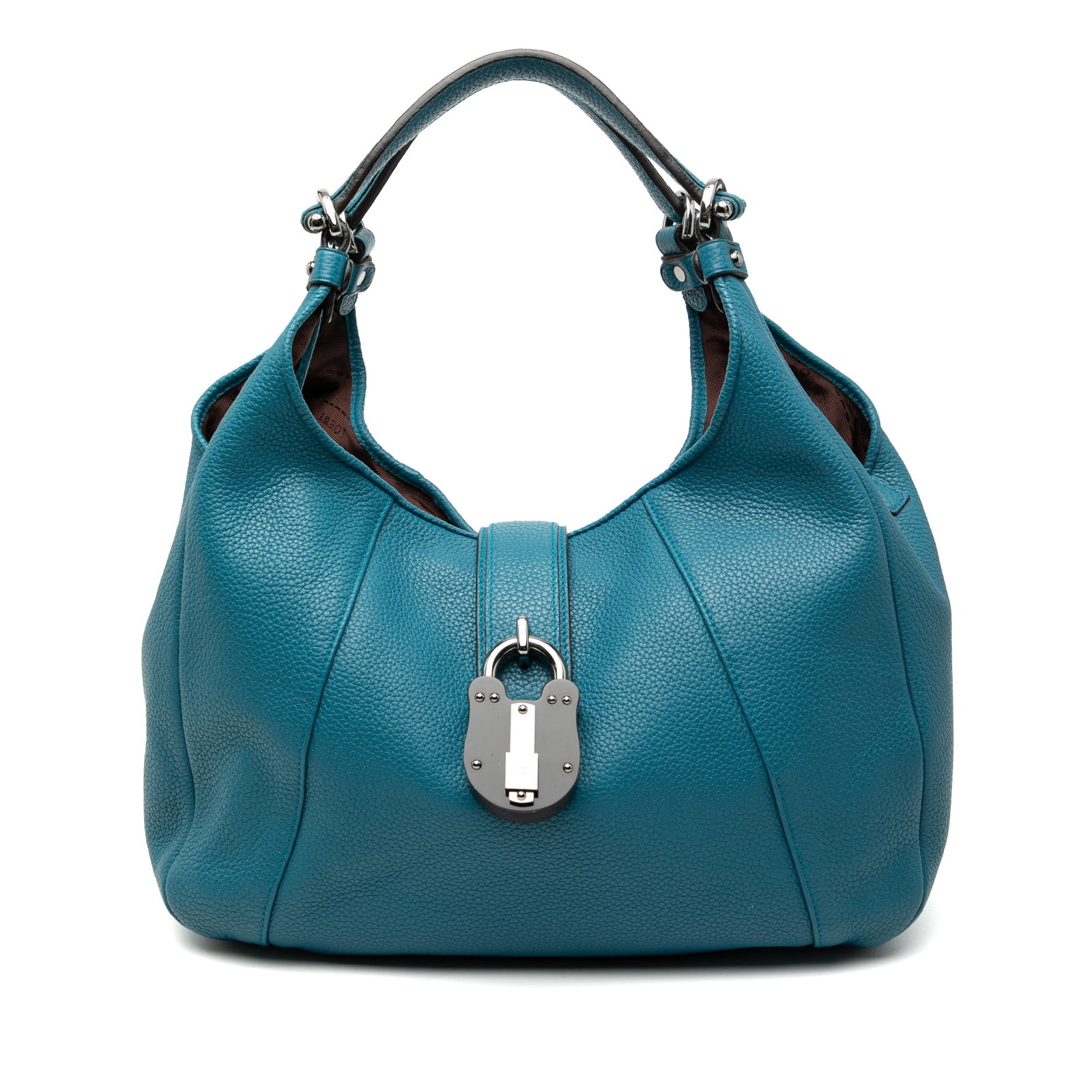 Blue Leather Calle Hobo Shoulder Bag by Loewe with Lock Closure: Blue Leather Calle Hobo Shoulder Bag by Loewe with Lock Closure This LOEWE Calfskin Calle Hobo is crafted from leather in a blue hue and features flat leather straps, a top flap tab with a lock