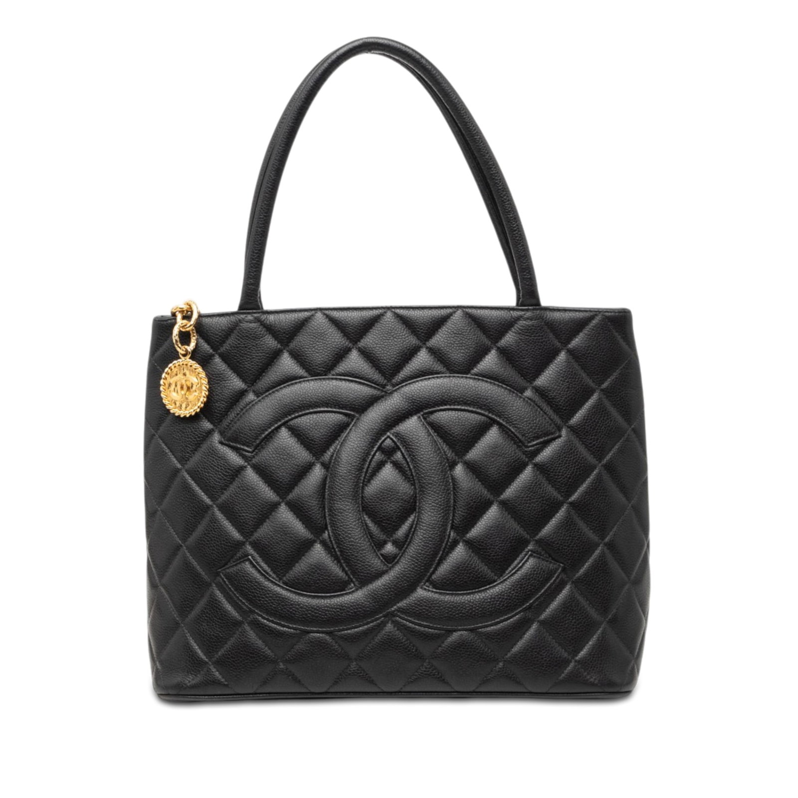 Chanel Medallion Tote Black Caviar Leather Handbag: Chanel Medallion Tote Black Caviar Leather Handbag Chanel Medallion tote crafted in quilted caviar leather with rolled leather handles and a top zip closure. The bag includes an exterior back slip