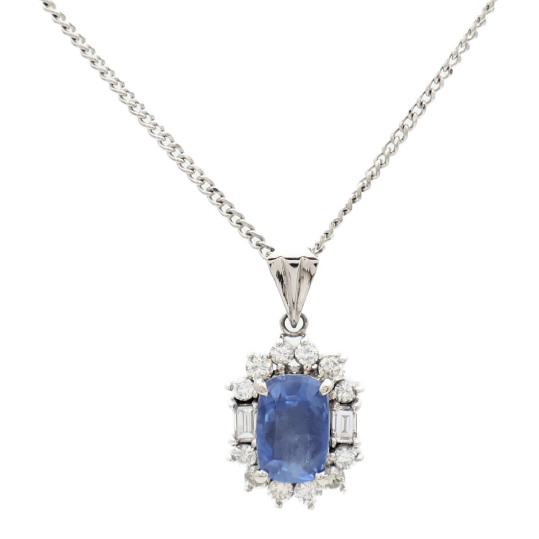 Platinum Sapphire Diamond Necklace PT900 PT850 1.631ct 0.43ct: Platinum Sapphire Diamond Necklace PT900 PT850 1.631ct 0.43ct A women's necklace in blue and clear tones featuring sapphire and diamond accents. The piece is described as PT900/PT850 platinum and come