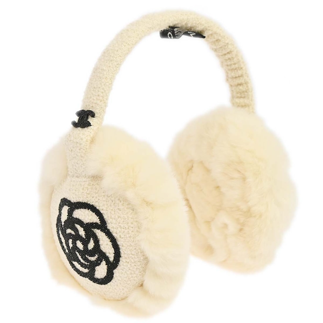 CHANEL White Earmuffs One Size Wool Lapin Fur Rhinestone (1 of 10)