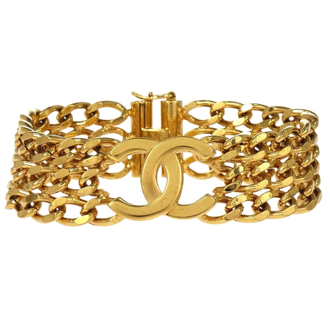 CHANEL CC Gold Plated Bangle Bracelet 97A France: CHANEL CC Gold Plated Bangle Bracelet 97A France Chanel gold-plated bangle bracelet in a classic CC chain design. Made in France, this bracelet comes with its box. Condition is very good overall, with