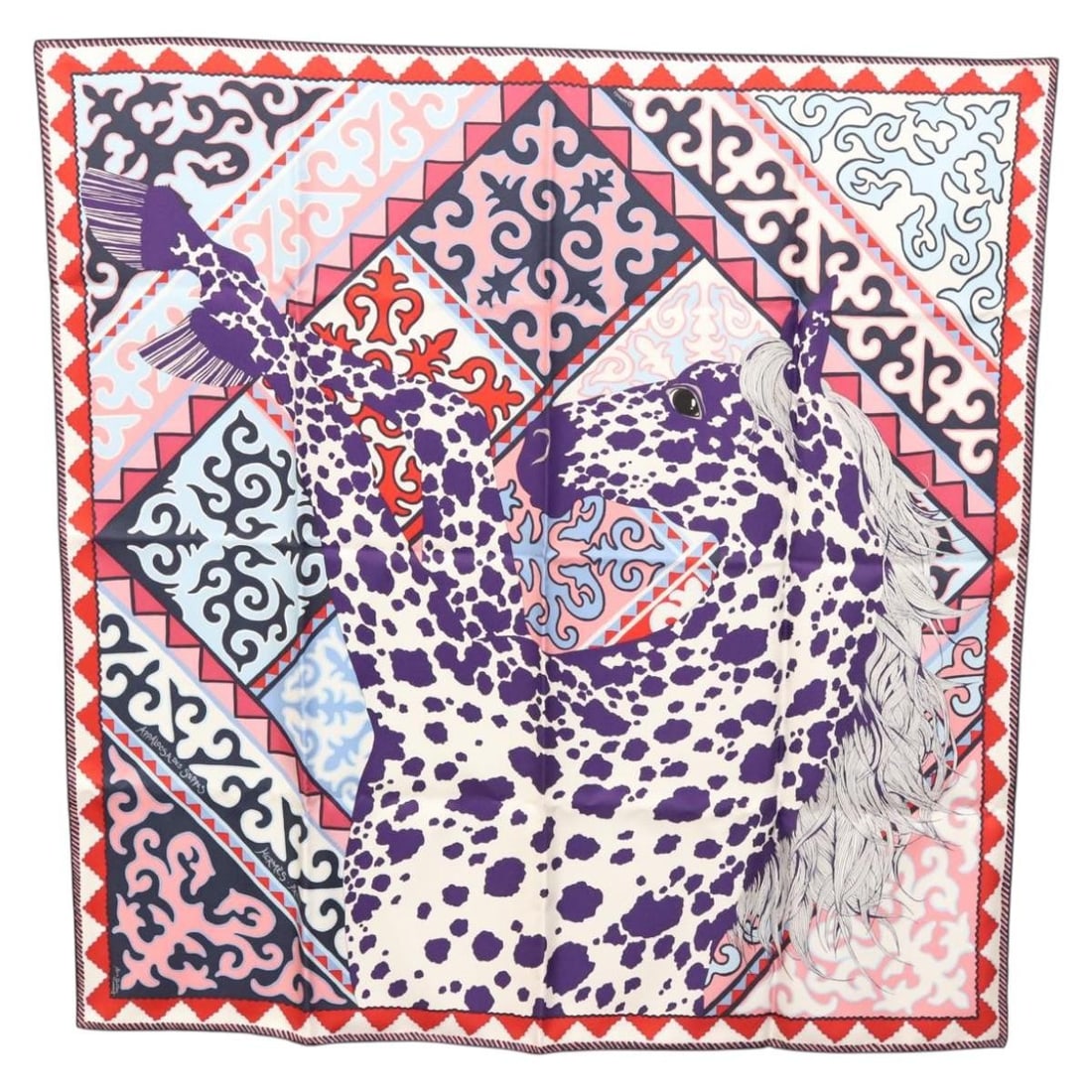 Hermes Appaloosa des Steppes silk scarf 90 purple: Hermes Appaloosa des Steppes silk scarf 90 purple Hermes Carre 90 "Appaloosa des Steppes" scarf in purple silk. This women's scarf is made in France and includes the item box. Condition is AB, describ