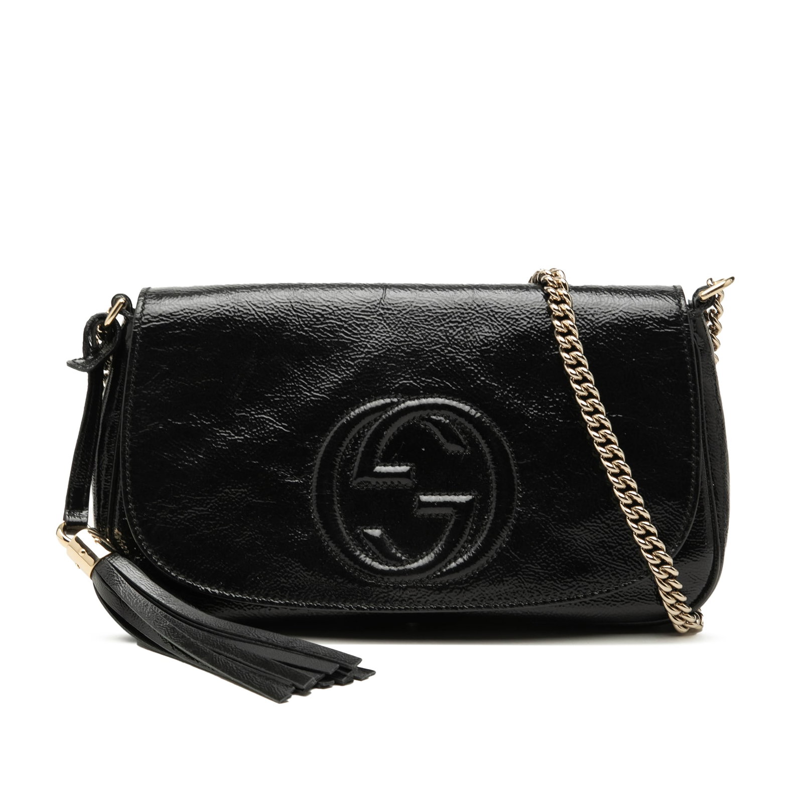 Gucci Soho Patent Leather Flap Crossbody Bag Black: Gucci Soho Patent Leather Flap Crossbody Bag Black A Gucci Medium Patent Soho Chain Flap Crossbody bag in black, made in Italy. It features a patent leather body, a chain link shoulder strap, a front 