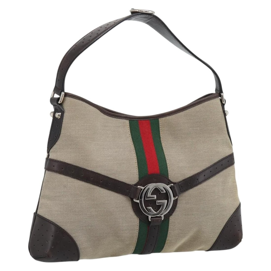 GUCCI 114879 Web Sherry Canvas Shoulder Bag Beige Silver: GUCCI 114879 Web Sherry Canvas Shoulder Bag Beige Silver Gucci Web Sherry Line shoulder bag in beige and silver canvas. This women's shoulder bag is made in Italy and features a slim profile with a sh