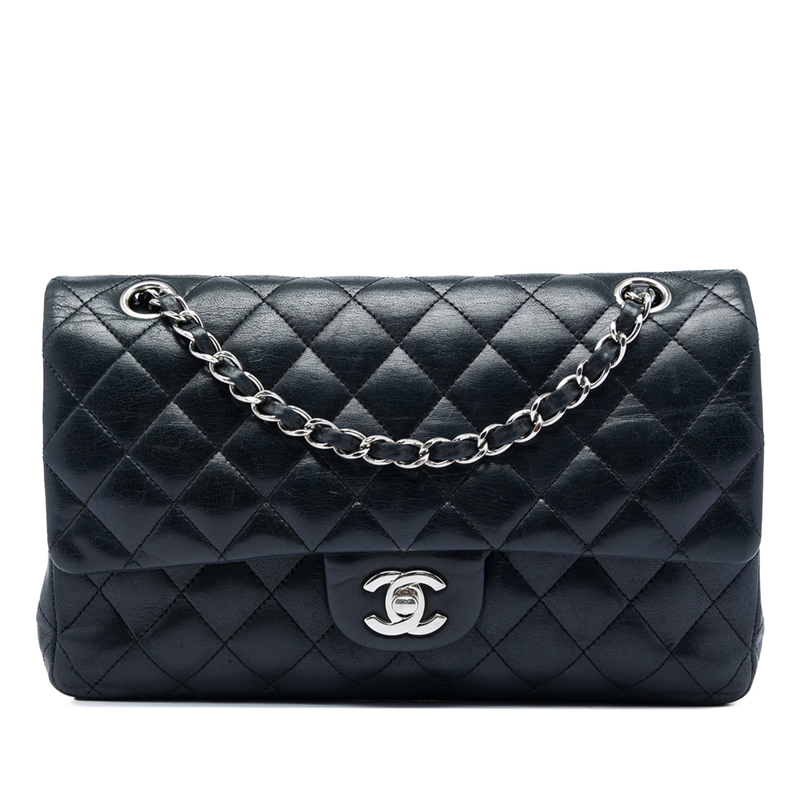 Chanel Medium Classic Double Flap Shoulder Bag Black Lambskin: Chanel Medium Classic Double Flap Shoulder Bag Black Lambskin Medium Classic Lambskin Double Flap shoulder bag with a quilted lambskin body, leather-woven chain link shoulder straps, double front flap