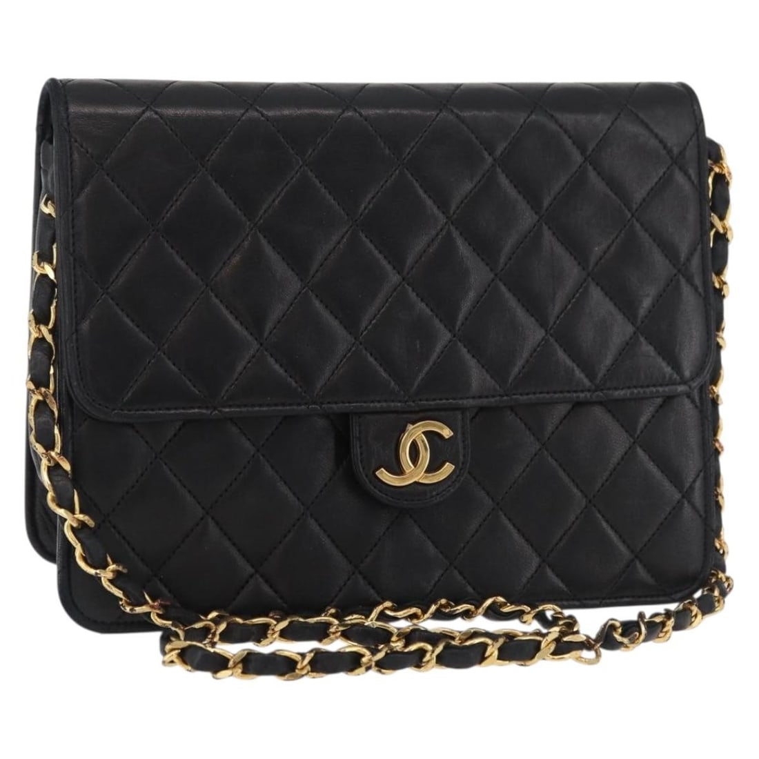 CHANEL CC Black Lambskin Shoulder Bag with Chain Strap: CHANEL CC Black Lambskin Shoulder Bag with Chain Strap CHANEL Matelasse Chain Shoulder Bag in black lamb skin leather, made in France. This women's shoulder bag measures approximately 22 cm W x 15 cm 