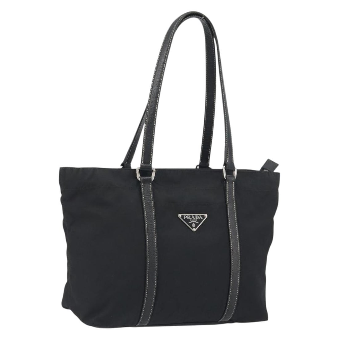 PRADA Black Nylon Hand Bag with Leather Trim Silver Tone: PRADA Black Nylon Hand Bag with Leather Trim Silver Tone Prada Pocono handbag in black nylon with silver-tone accents and leather trim. This women's bag is made in Italy and includes only the item sho