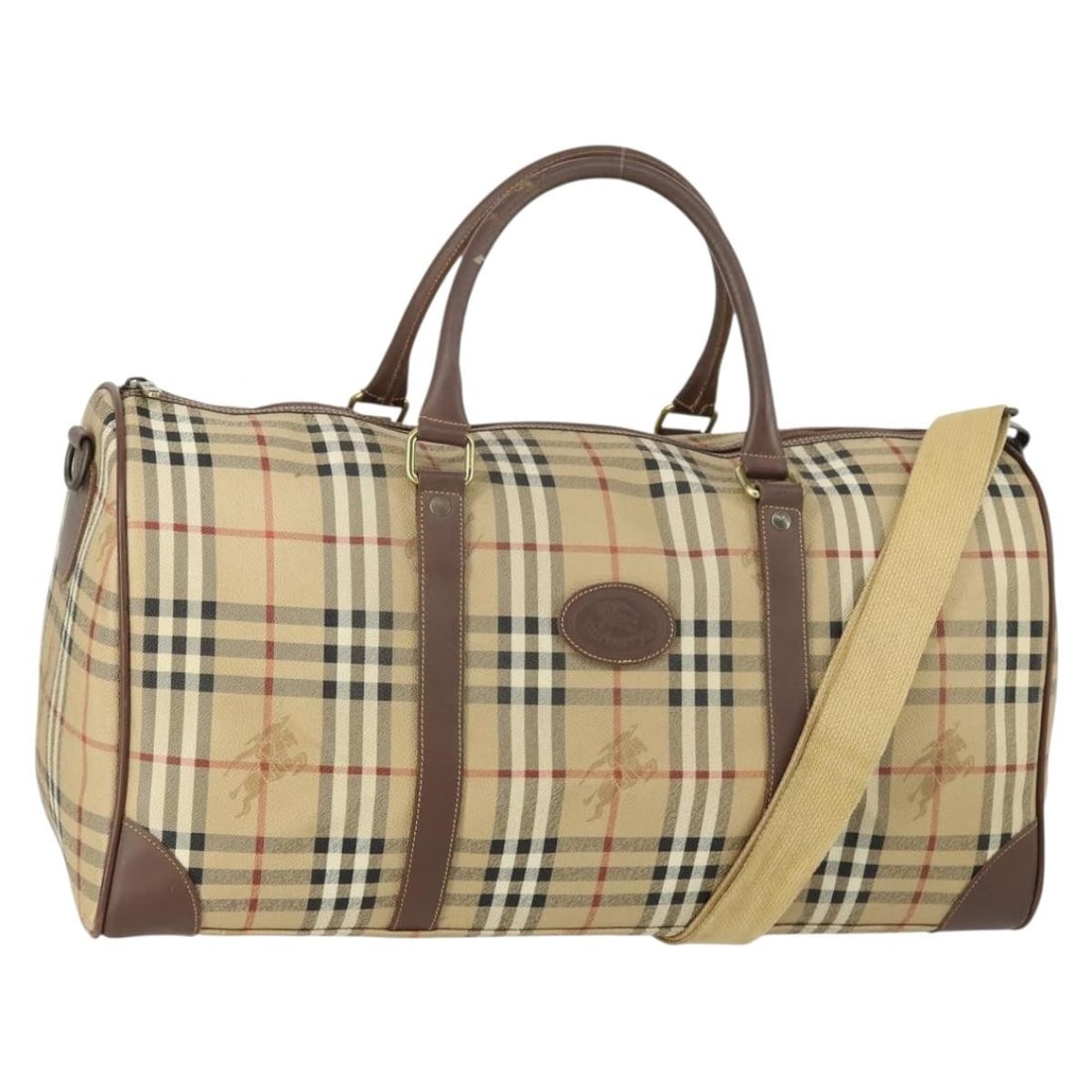 Burberrys Beige Nova Check Boston Bag PVC Leather Gold Accents Italy: Burberrys Beige Nova Check Boston Bag PVC Leather Gold Accents Italy This Burberrys Nova Check Boston bag features a classic beige and gold color scheme in PVC leather, crafted in Italy. The spacious 