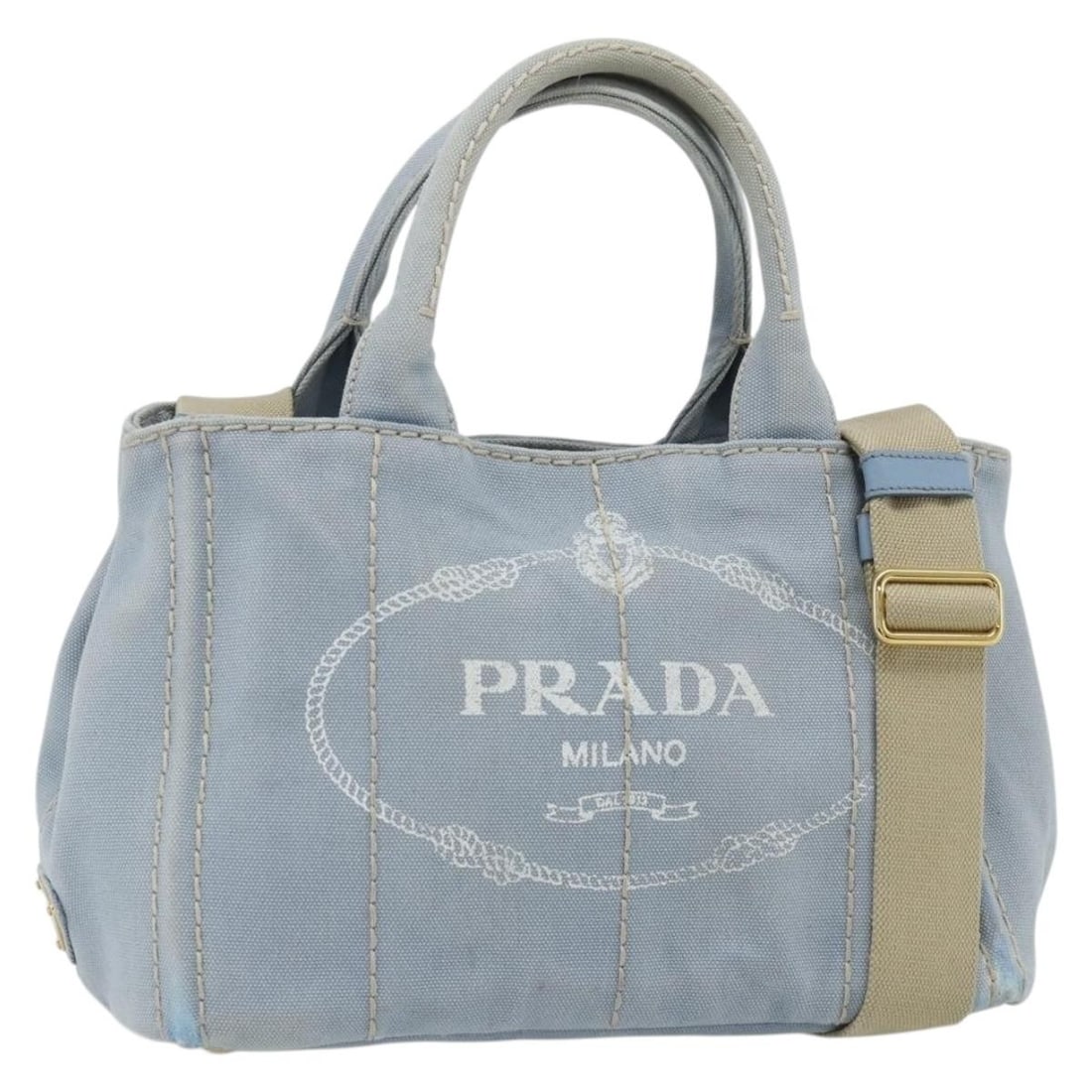 PRADA Canapa PM Canvas 2way Handbag Blue with Shoulder Strap: PRADA Canapa PM Canvas 2way Handbag Blue with Shoulder Strap Prada Canapa PM 2-way handbag in blue canvas with gold-tone accents. This women's handbag includes a shoulder strap and guarantee card. Con