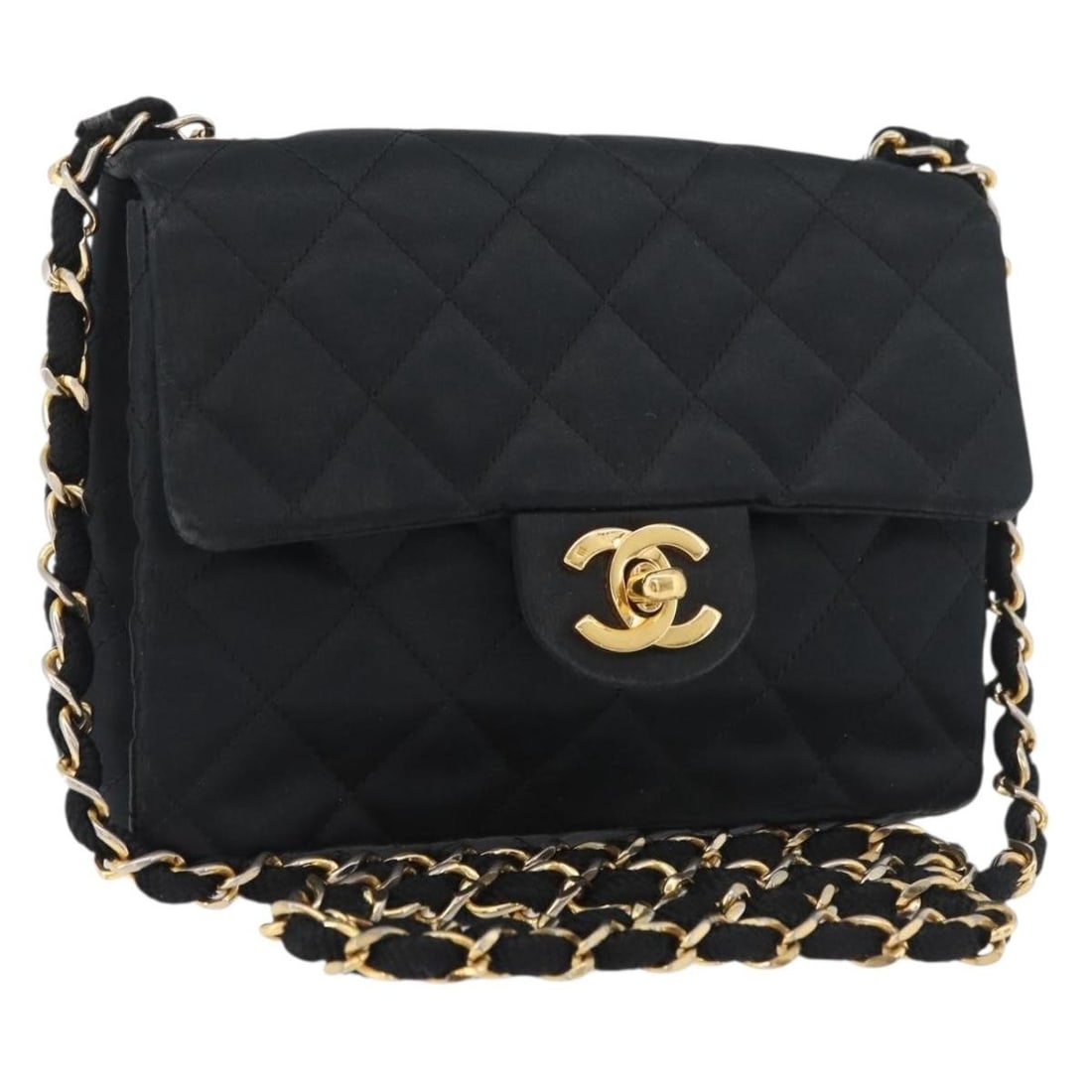 CHANEL Mini Matelasse 17 Satin Shoulder Bag Black Gold Tone CC: CHANEL Mini Matelasse 17 Satin Shoulder Bag Black Gold Tone CC Chanel Mini Matelasse 17 chain shoulder bag in black satin with gold-tone detailing. This women's shoulder bag is made in Italy and inclu