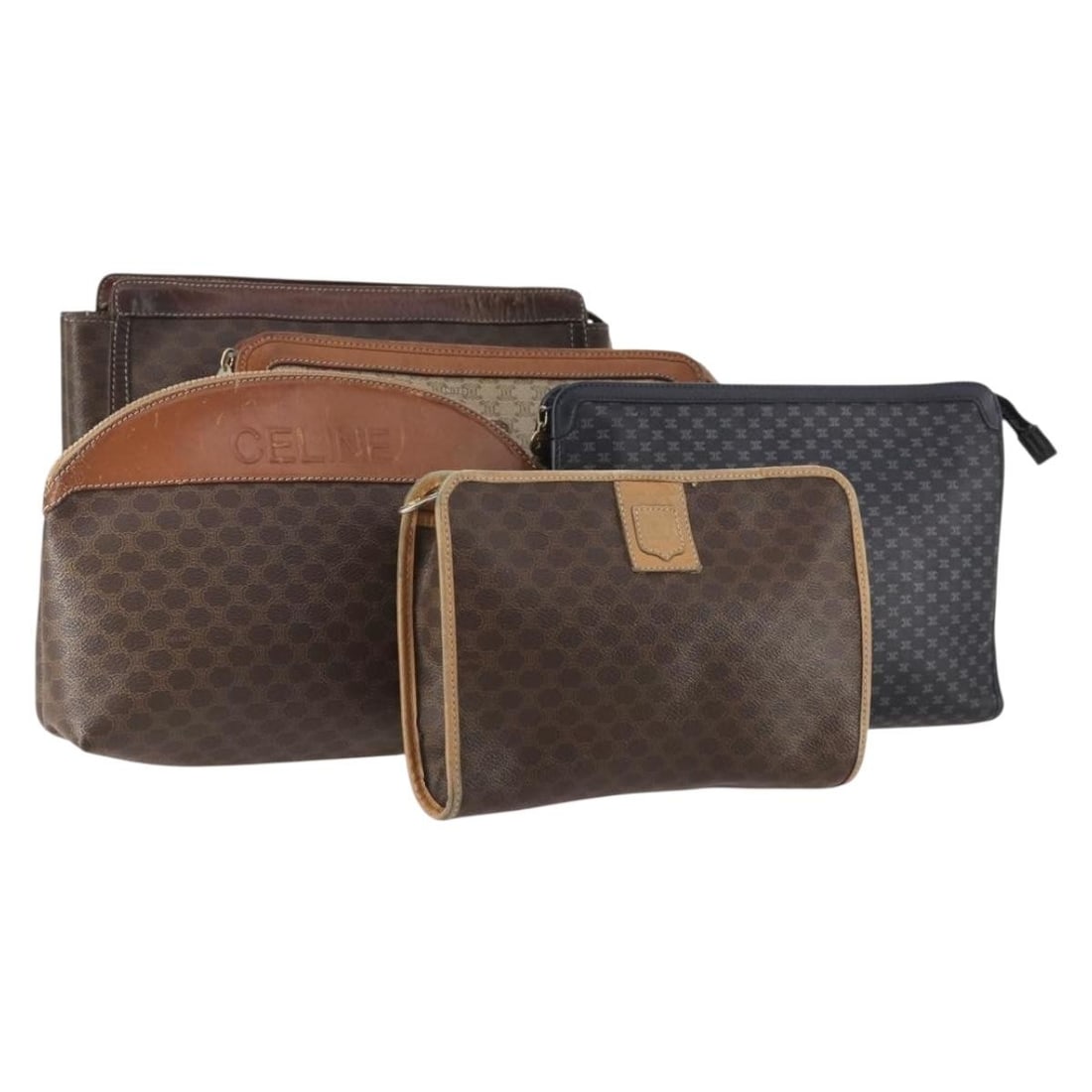 Set of 5 Celine Macadam Canvas Clutch Bags PVC Leather Brown Navy Beige: Set of 5 Celine Macadam Canvas Clutch Bags PVC Leather Brown Navy Beige CELINE Macadam canvas clutch bag set in brown, navy, and beige, made in Italy. The item is a women's clutch bag with PVC leather
