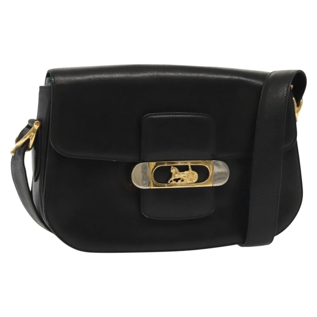 CELINE Horse Carriage Shoulder Bag Black Gold Leather Authentic: CELINE Horse Carriage Shoulder Bag Black Gold Leather Authentic The CELINE Horse Carriage Shoulder Bag is a stylish and sophisticated accessory crafted from high-quality leather in a striking black an