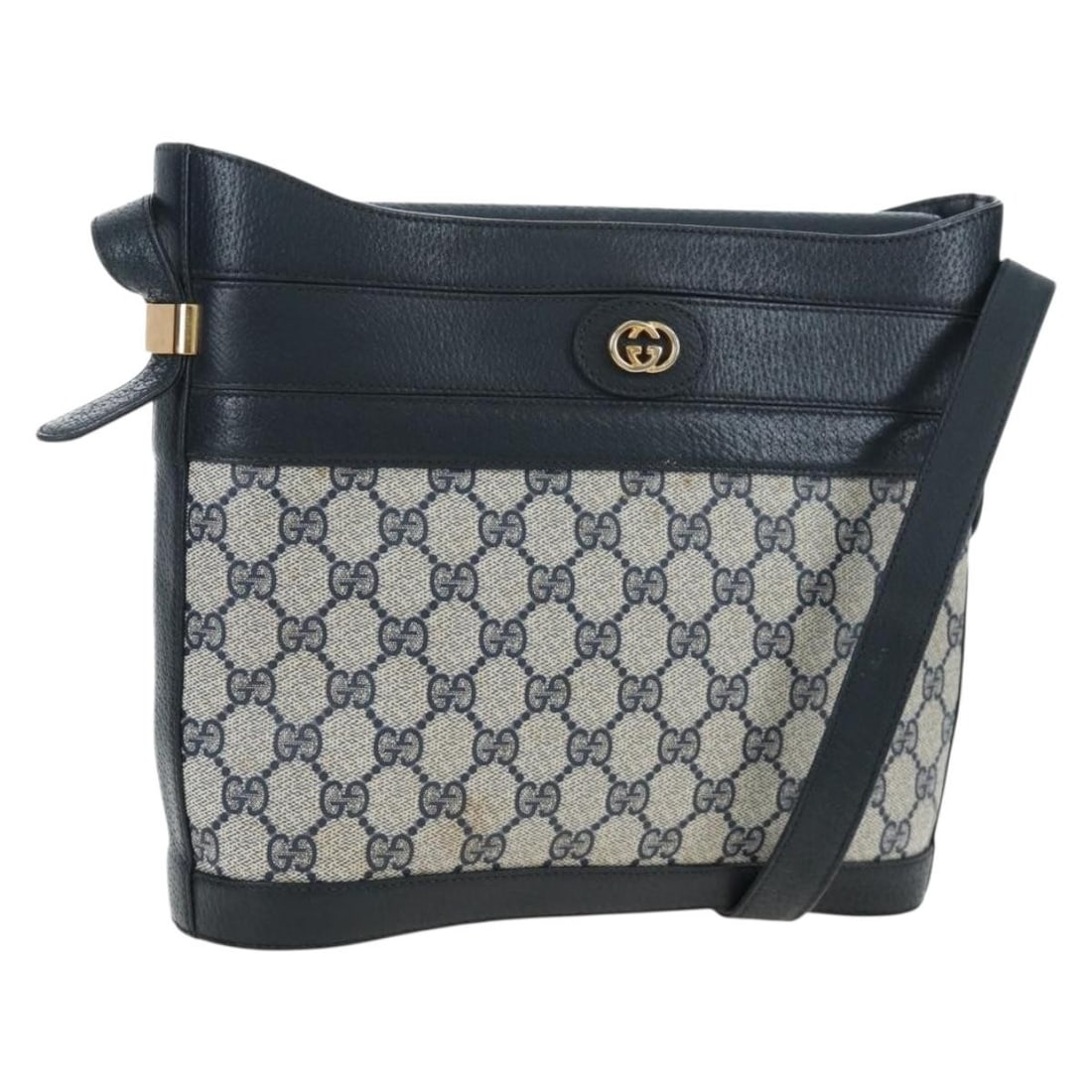 Gucci 001 109 0579 GG Supreme PVC Leather Shoulder Bag Navy Gold: Gucci 001 109 0579 GG Supreme PVC Leather Shoulder Bag Navy Gold Vintage Gucci GG Supreme shoulder bag in navy and gold PVC leather with GG canvas detailing. This women's shoulder bag features an adju