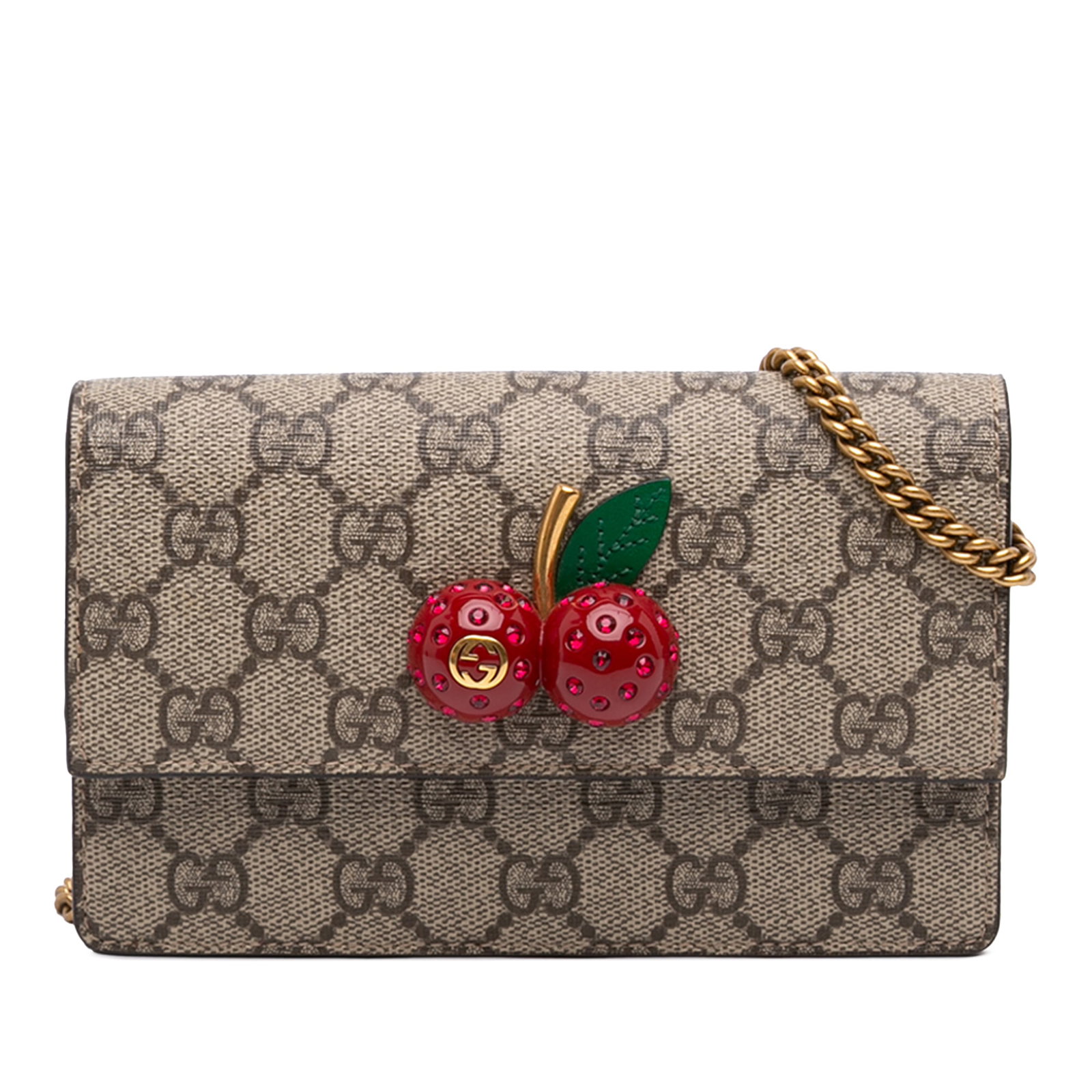 Gucci Mini GG Supreme Cherry Flap Crossbody Bag: Gucci Mini GG Supreme Cherry Flap Crossbody Bag Gucci Mini GG Supreme Cherry Crossbody bag with a coated canvas body, curb chain link strap, and front flap with snap button closure. Includes dust bag 