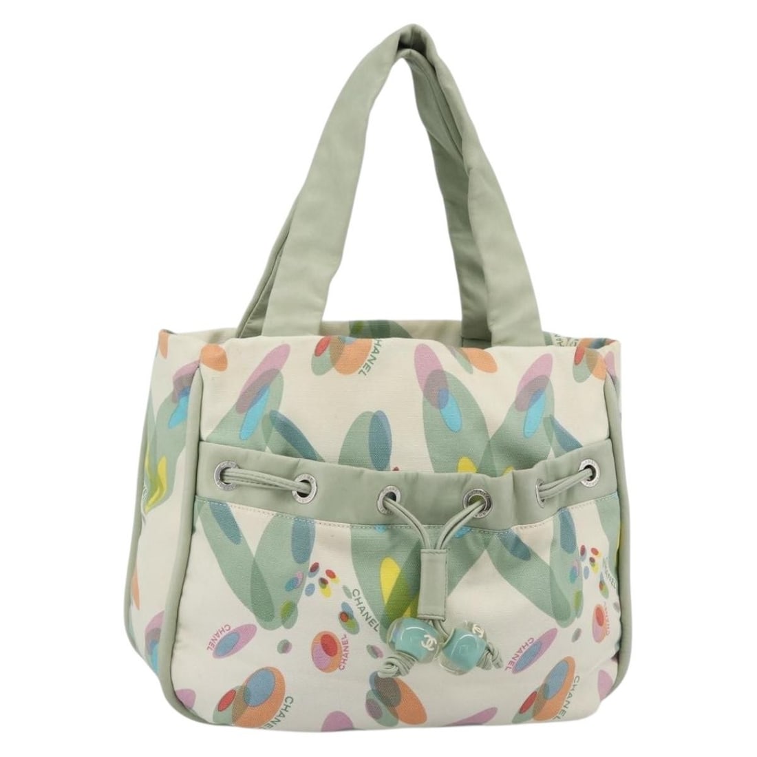 CHANEL Canvas Tote Handbag Green Silver with Guarantee Card: CHANEL Canvas Tote Handbag Green Silver with Guarantee Card CHANEL tote bag in canvas with a green and silver color combination. Made in Italy, it comes with a guarantee card and has a serial number. 
