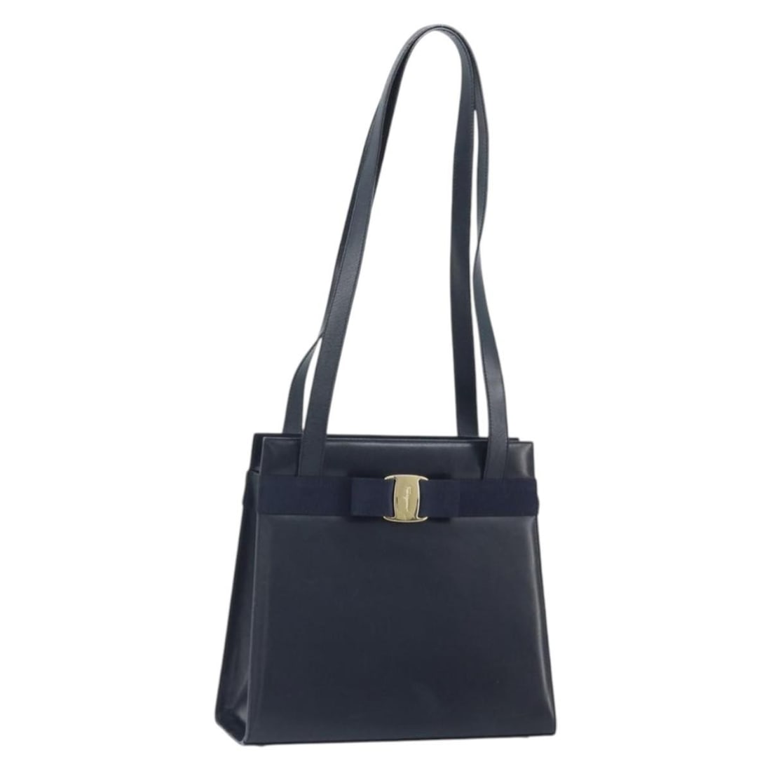 Salvatore Ferragamo Vara Leather Shoulder Bag Navy Gold-Tone Italy: Salvatore Ferragamo Vara Leather Shoulder Bag Navy Gold-Tone Italy This Salvatore Ferragamo Vara Ribbon Shoulder Bag is crafted from navy leather with gold-tone accents. The bag features a shoulder st