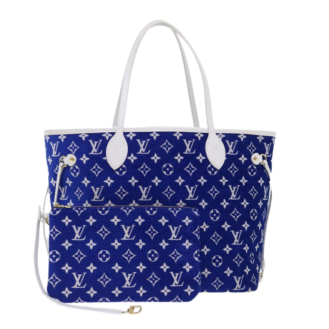 Louis Vuitton Neverfull MM Monogram Jaguar Leather Tote with Pouch: Louis Vuitton Neverfull MM Monogram Jaguar Leather Tote with Pouch Louis Vuitton Neverfull MM tote bag in blue and white leather with Monogram Jaguar design. This women's tote includes a pouch and is 