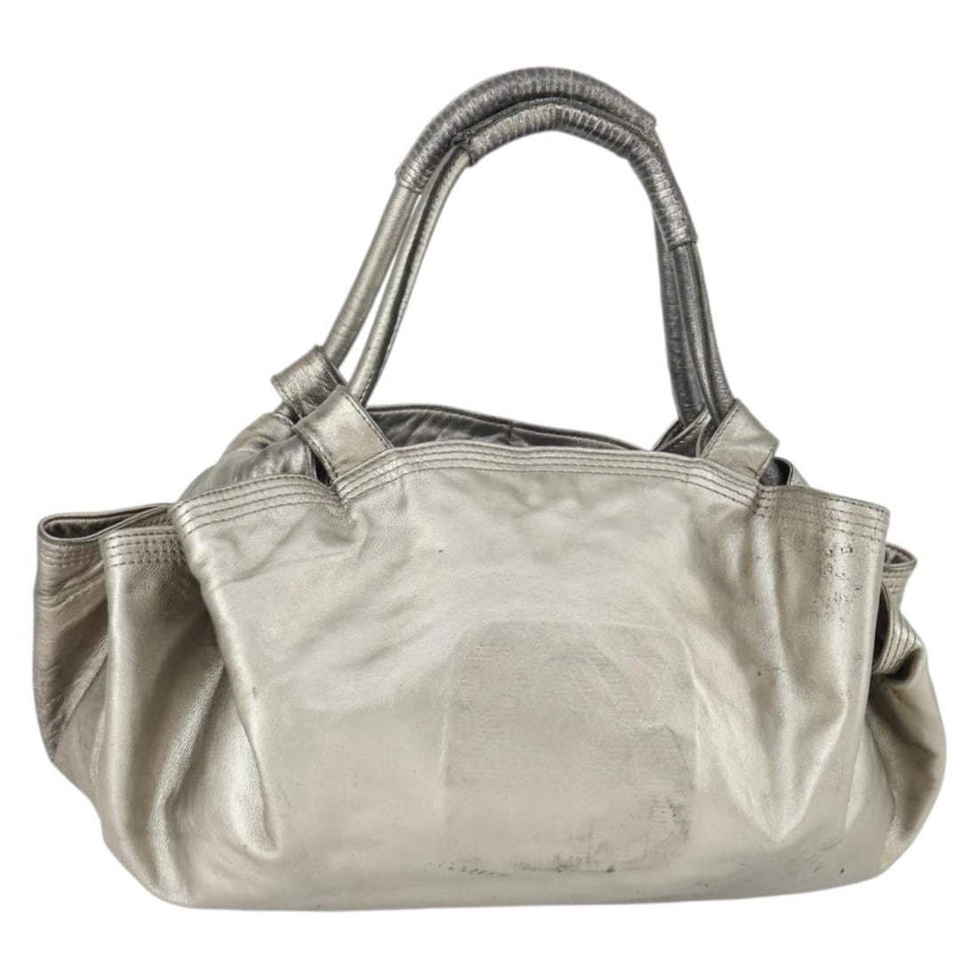 LOEWE Aire Anagram Silver Leather Handbag Nappa Spain: LOEWE Aire Anagram Silver Leather Handbag Nappa Spain This LOEWE Nappa Aire Anagram handbag features a silver leather exterior and is crafted in Spain. The bag has a spacious design with a top handle 