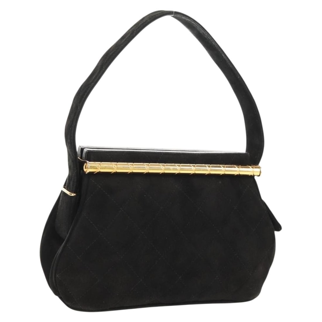 CHANEL Matelasse Black Suede Hand Bag with Gold CC Auth 157875V: CHANEL Matelasse Black Suede Hand Bag with Gold CC Auth 157875V This CHANEL Matelasse Hand Bag features a luxurious black suede exterior accented with gold CC logos, making it a stunning accessory for